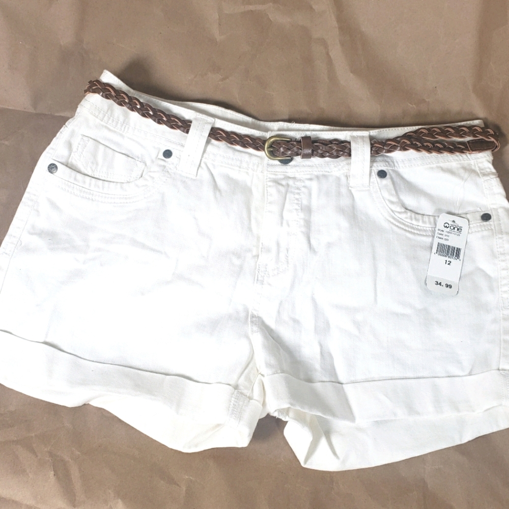 White Jean Shorts Size 12 with Brown Belt